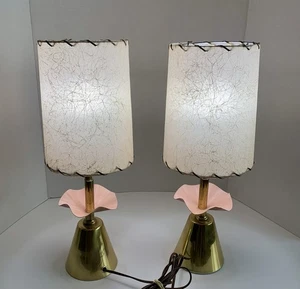 Vintage MCM Leviton Pair Table Lamps Tulip Base 16.5” W/Original Shades Working - Picture 1 of 16