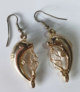 Vintage Gold-tone Pierced Earrings: Dolphin Beside a Caged Crystal - Picture 1 of 5