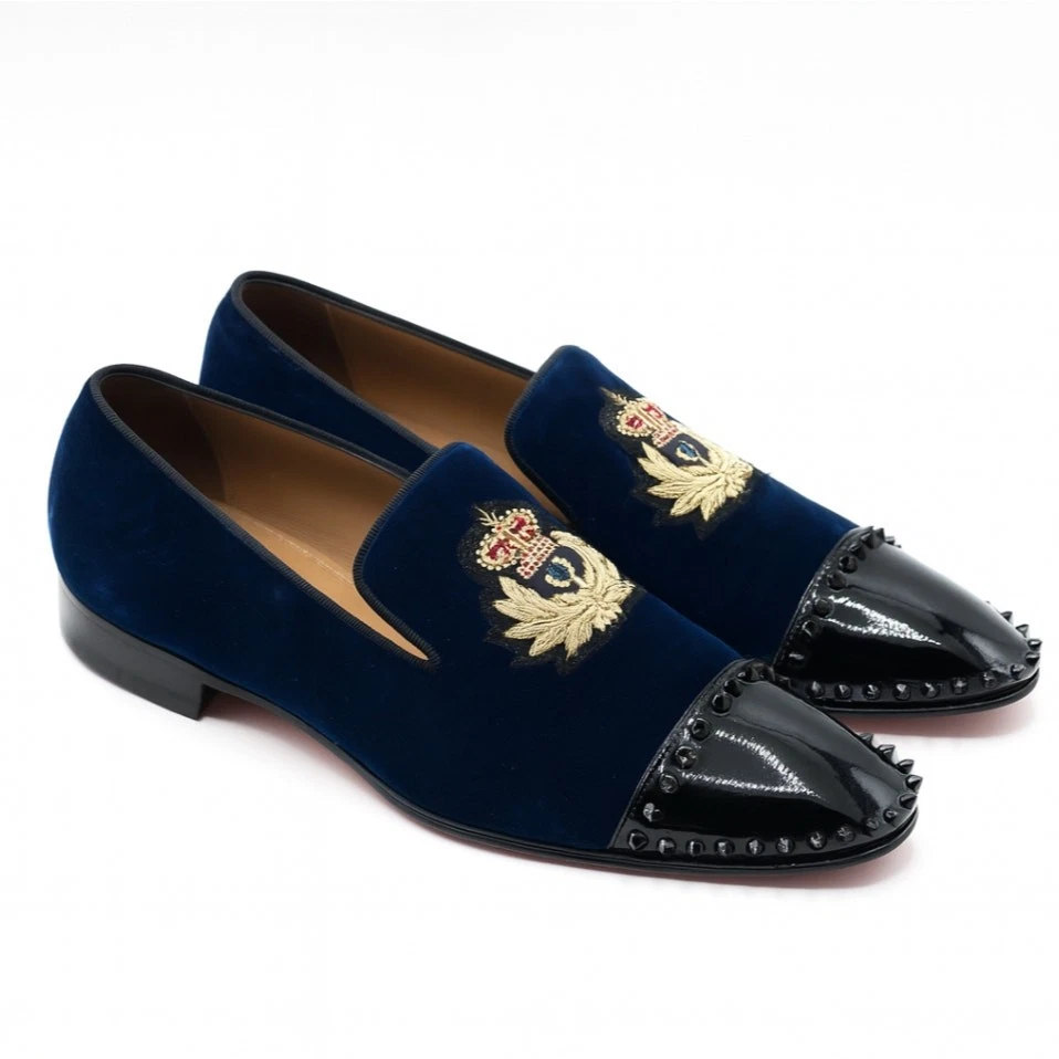 CHRISTIAN LOUBOUTIN Captain Loubi Velvet Crest Loafer Patent Spikes Sz 43.5 - Image 1 of 4