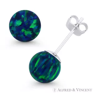 Aretes Fiery Peacock Azul Ópalo Sintético Bola Pushback en Oro Blanco 14k - Imagen 1 de 1