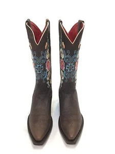 Women's Macie Bean Boots, Brown Pointed Toe w/Embroidered Flower Tops M8013 - Picture 1 of 2