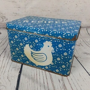 Vintage Tin Recipe Box Chicken Blue Farmhouse Country Decor Metal Card File - Picture 1 of 10