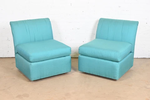 Baker Furniture Modern Silk Upholstered Slipper Chairs or Lounge Chairs, Pair Cover