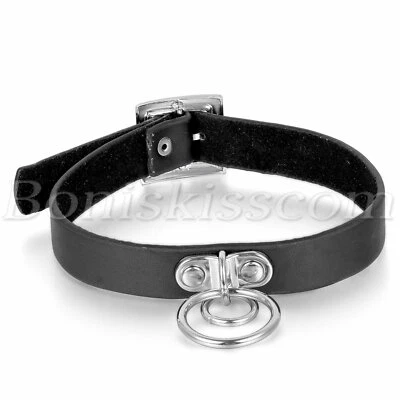 Gothic Punk Rock Men's Women's Double O Ring Leather Collar Choker Necklace - Image 1 of 4