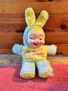 Rushton Star Creation Rubber Face Bunny Stuffed Plush Doll Yellow & Blue Vintage - Picture 1 of 9