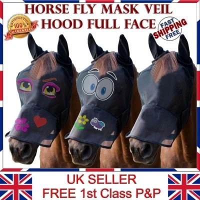 LTG Horse Cob Pony Fly Mask Net Veil Hood Full Face Cartoon Ears Nose Protection - Image 1 of 4