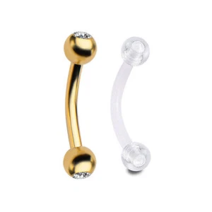 Gold Eyebrow Ring 16G Anodized Curved Barbell CZ Gem & 18G Clear Retainer 2pcs - Picture 1 of 1