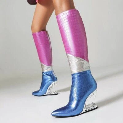 Botas femininas salto cunha biqueira pontiaguda metal joelho alto botas com zíper padrão sapatos de palco - Imagem 1 de 4