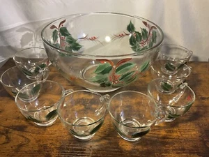Holiday Punch Bowl Set With 8 Cups Hand Painted Holly Leaves - Picture 1 of 5