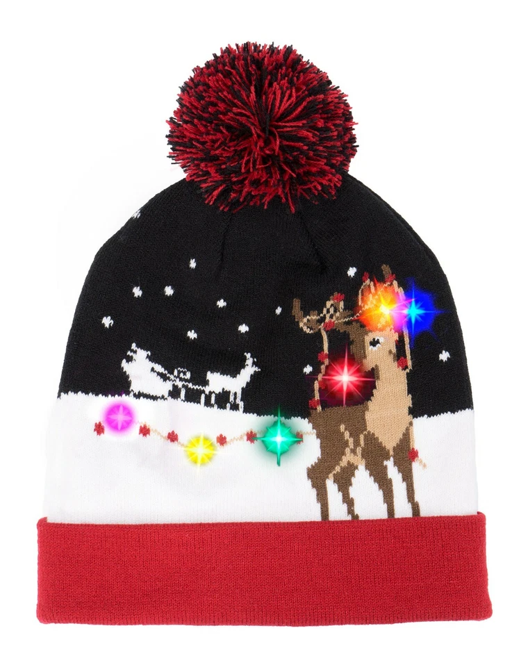 NOROZE Kinder LED Lichter Mütze Jungen Beanie Mädchen Strick Rentier Weihnachten Neuheit Winter