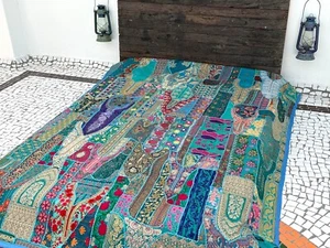 Patchwork Quilt Bedspread Coverlet Vintage Cotton embroidered Handmade Bohemian - Picture 1 of 7