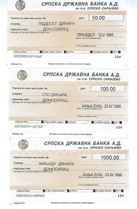 Serbische Staatsbank Schecks 1996 Lot von DREI - Bild 1 von 2