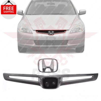 New Front Grille With Chrome OEM Emblem Set of 2Pcs Fits 2003-2005 Honda Accord - Image 1 of 4