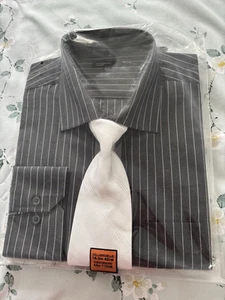 Men’s BNWT Grey Striped Shirt & White Tie Set Size 16.5" Collar - 44" chest - Picture 1 of 4