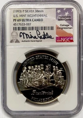 1993 US MINT BICENTENNIAL Silver NGC PF69💥FLAWLESS QUALITY💥Mike Castle Signed - Image 1 of 4