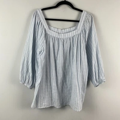 Chaps Blouse Size XXL Square Neck 3/4 Sleeves Cotton Blend Blue White Stripe - Image 1 of 4