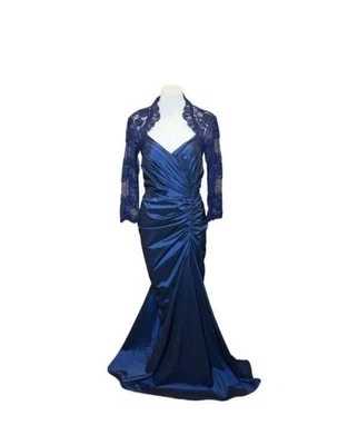 Vestido Tadashi Shoji Azul Marino Guipur Encaje Tafetán Drapeado Manga Larga Talla 14 Forma Foto 1 de 4