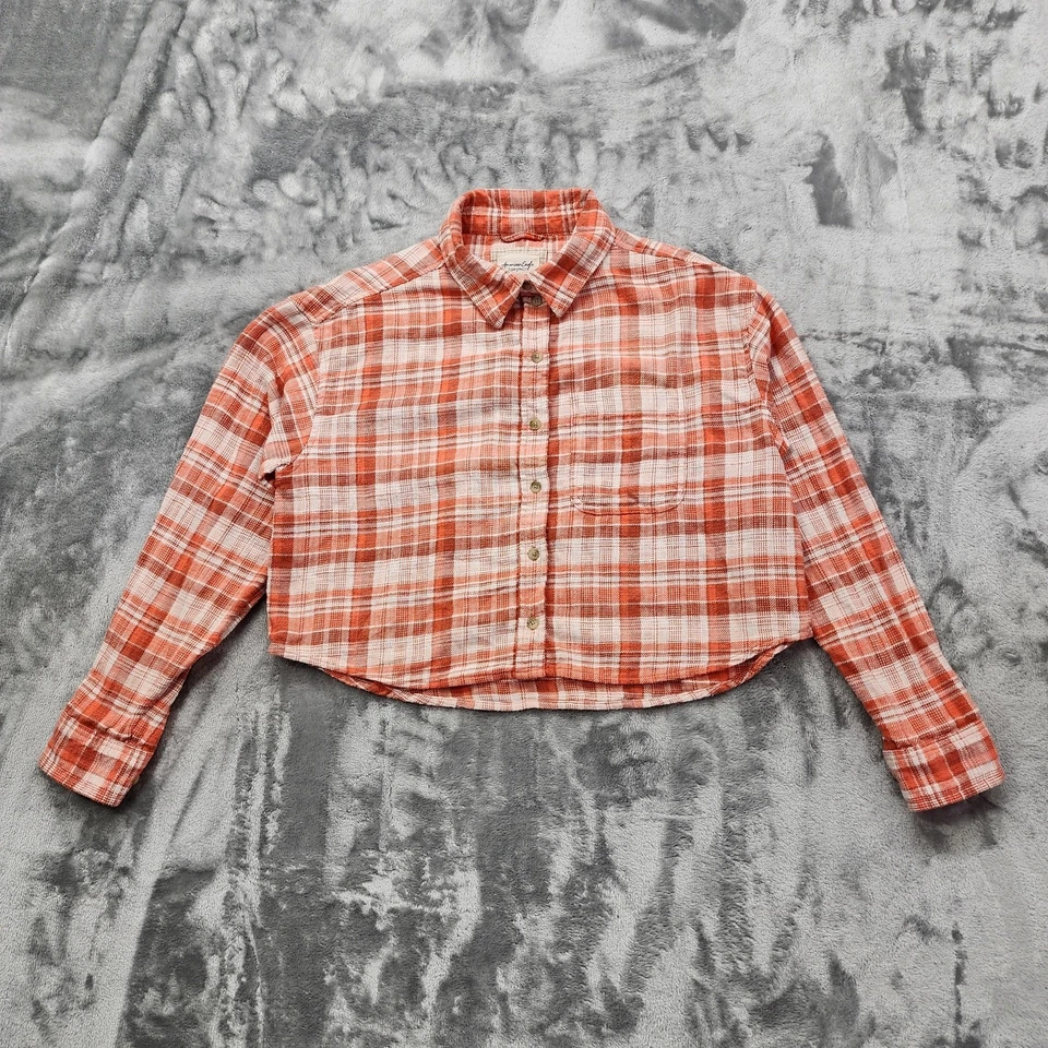 Top American Eagle para mujer S naranja franela recortada a cuadros desgastado manga larga Foto 1 de 4