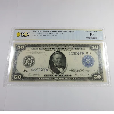 1914 PCGS XF40 - Federal Reserve $50 Fifty Dollar Blue Seal Note Fr 1035 #54205F - Image 1 of 3