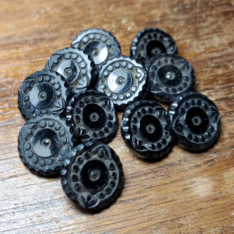 Set of 11 Antique / Vintage Ornate Black Thermal Plastic Clothing Buttons 9/16" Cover