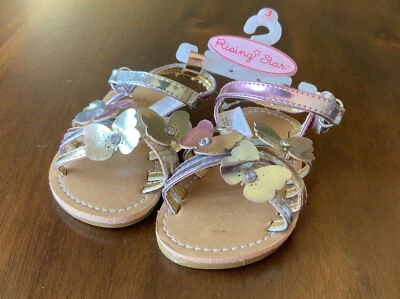 NUEVO CON ETIQUETAS RISE STAR Sandalias Bebé 9-12 Mos Tirantes Mariposa Dorado Rosa Plata Talla 3 Foto 1 de 4