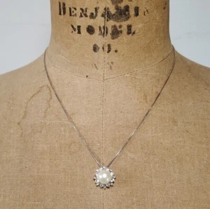 Pearl & Cubic Zirconia 18" Necklace 925 Sterling Silver Italy Box Chain Vintage - Picture 1 of 8