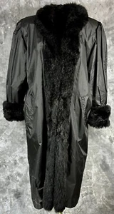 Black Opossum Trimmed Rain Resistant Coat w/Removable Nutria Liner L/XL (14814) - Picture 1 of 10