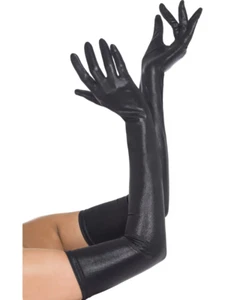 Black Wet Look Gloves Ladies Long Elbow Length Punk 80's Fancy Dress - Picture 1 of 1