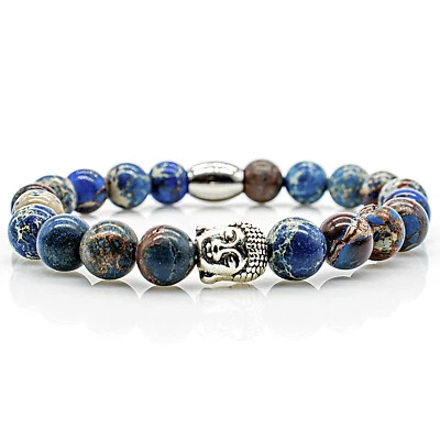 Jaspis Armband Bracelet Perlenarmband Buddhakopf silber blau 8mm Edelstahl - Bild 1 von 2