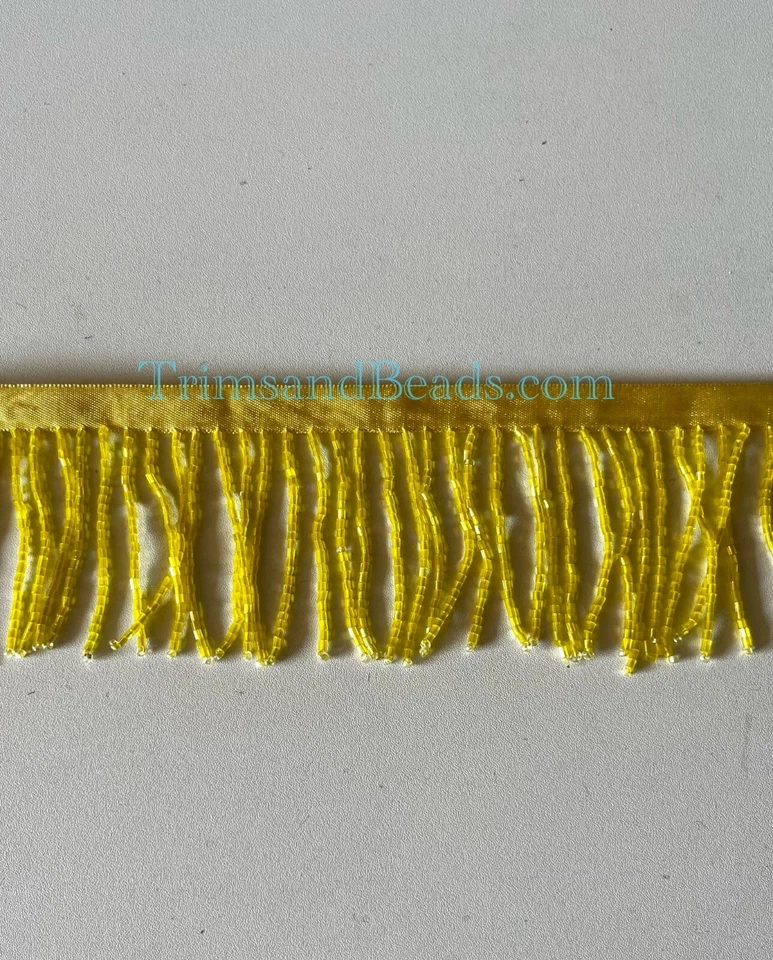 By the Yard-2"-YELLOW Glass BUGLE Bead Beaded Fringe Lamp Costume Trim - Image 1 of 1