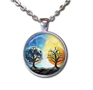Moon Sun Celestial Trees of Life - Handmade ROUND Glass Pendant Necklace - Picture 1 of 10