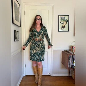 70s Vintage Diane Von Furstenberg Green and Cream Paint Swirl Dress - Picture 1 of 10