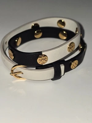 Tory Burch Two-Tone Black & White Leather Bracelet w/Gold Tone Logo--EUC w/Pouch - Image 1 of 4
