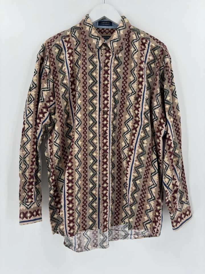 Vintage Chaps Ralph Lauren Button Down Mens Large Beige Striped Aztec Tribal - Image 1 of 4