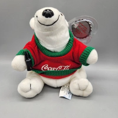 Coca-Cola Polar Bear Plush Bean Bag Toy Red Green Sweater w/ Bottle Christmas - Image 1 of 4