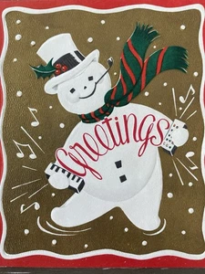 50er MCM Anthro Schneemann Akkordeon Pfeife Smoking Pipe "GREETINGS" Vintage XMAS Card USED - Bild 1 von 5