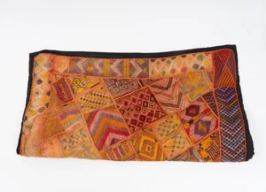 Patchwork Indian Embroidered Wall Hanging Katchi Rug on Black Linen 70" x 39.5" - Picture 1 of 5