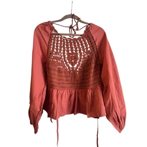 ASOS DESIGN Long Sleeve Top with Crochet Detail and Tie Waist in rust Size 4 - Picture 1 of 6