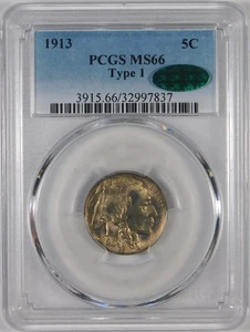 1913 5c Indian Head Buffalo Nickel PCGS MS66 CAC **Type 1** - Picture 1 of 2
