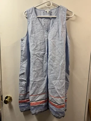 J. Jill Love Linen XLarge Petite V-Neck Shift Dress Light Blue Stripes Pockets - Image 1 of 4