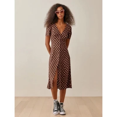 REFORMATION Locklin Dress Brown White Polka Dot Midi Au Lait Chocolate Dress 2 - Image 1 of 4