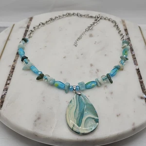 Handmade Gemstone Beaded Necklace Teardrop Pendant Reversible Artisan Jewelry Gi - Picture 1 of 6
