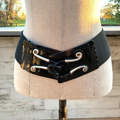 Cinturón de cintura ancho M cuero negro elástico plateado hebilla elástica elástico Foto 1 de 4