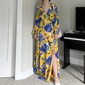 Damen Maxikleid Lulus Carolita Gelb Blumenmuster Größe M V-Ausschnitt Langarm - Bild 1 von 11