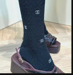 CHANEL Crystal CC Logo Black Runway Socks 23A Medium Hosiery NWT Bag Box - Picture 1 of 14
