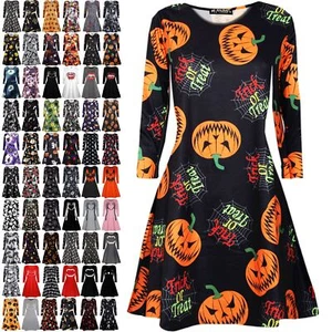 Ladies Womens Skeleton Spider Pumpkin Hallowen Skeleton Smock Swing Mini Dress - Picture 1 of 43
