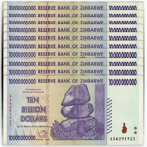 Zimbabwe 10 mil millones de dólares x 10 piezas 2008 serie P-85 billones paquete 1/10 XF-AU - Imagen 1 de 2