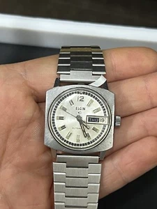 VINTAGE 1970's ELGIN AUTOMATIC 17J DAY-DATE STAINLESS STEEL WRISTWATCH ( 30MM ) - Picture 1 of 11