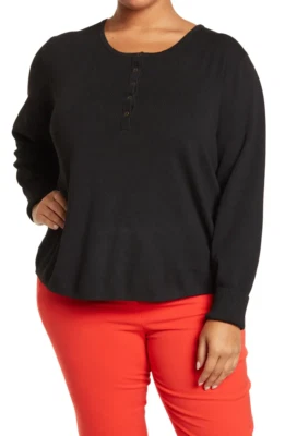SWEET ROMEO Women's Plus Size Long Sleeve Snap Henley T-Shirt Tops Black 2X, NWT - Image 1 of 4