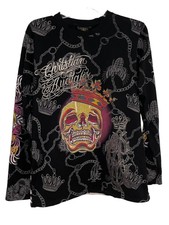 CHRISTIAN AUDIGIER Long Sleeve T Shirt Black Graphic Skull Rhinestones Men’s XL